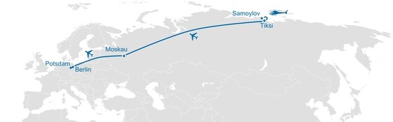 Our travel route from Berlin to Samoylov Island, Graphic: Max Heikenfeld, Alfred-Wegener-Institute