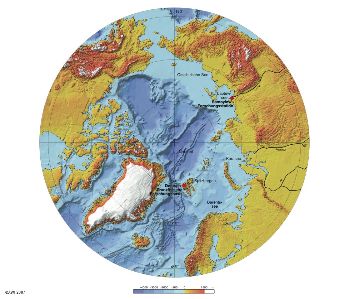 Map of the Arctic with AWI research stations in the Lena Delta and Svalbard, Graphic: Alfred-Wegener-Institute