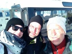 We arrived in Cherskii. From left to right: Fanny Kittler, Martin Hertel and Olaf Kolle. (Photo: Fanny Kittler)